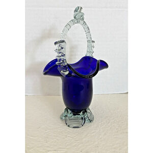 Colbalt Blue Blown Glass Basket Vase Swirled Glass Clear Handle & Base 8"